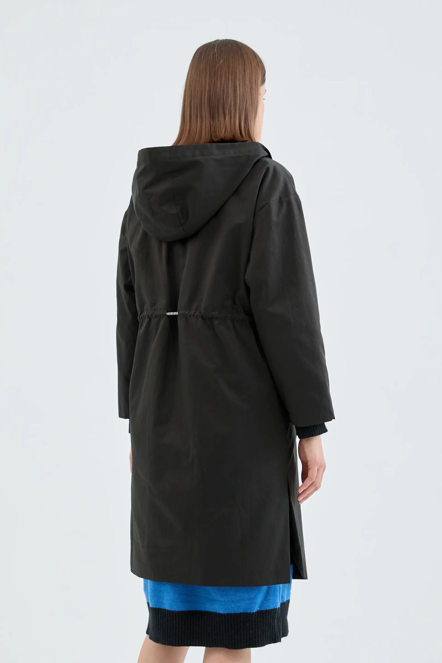 Black Hooded Trench Coat with Drawstring Waist