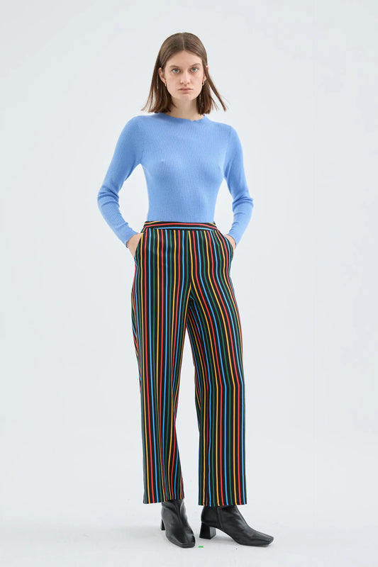Long straight trousers with multicolored striped print
