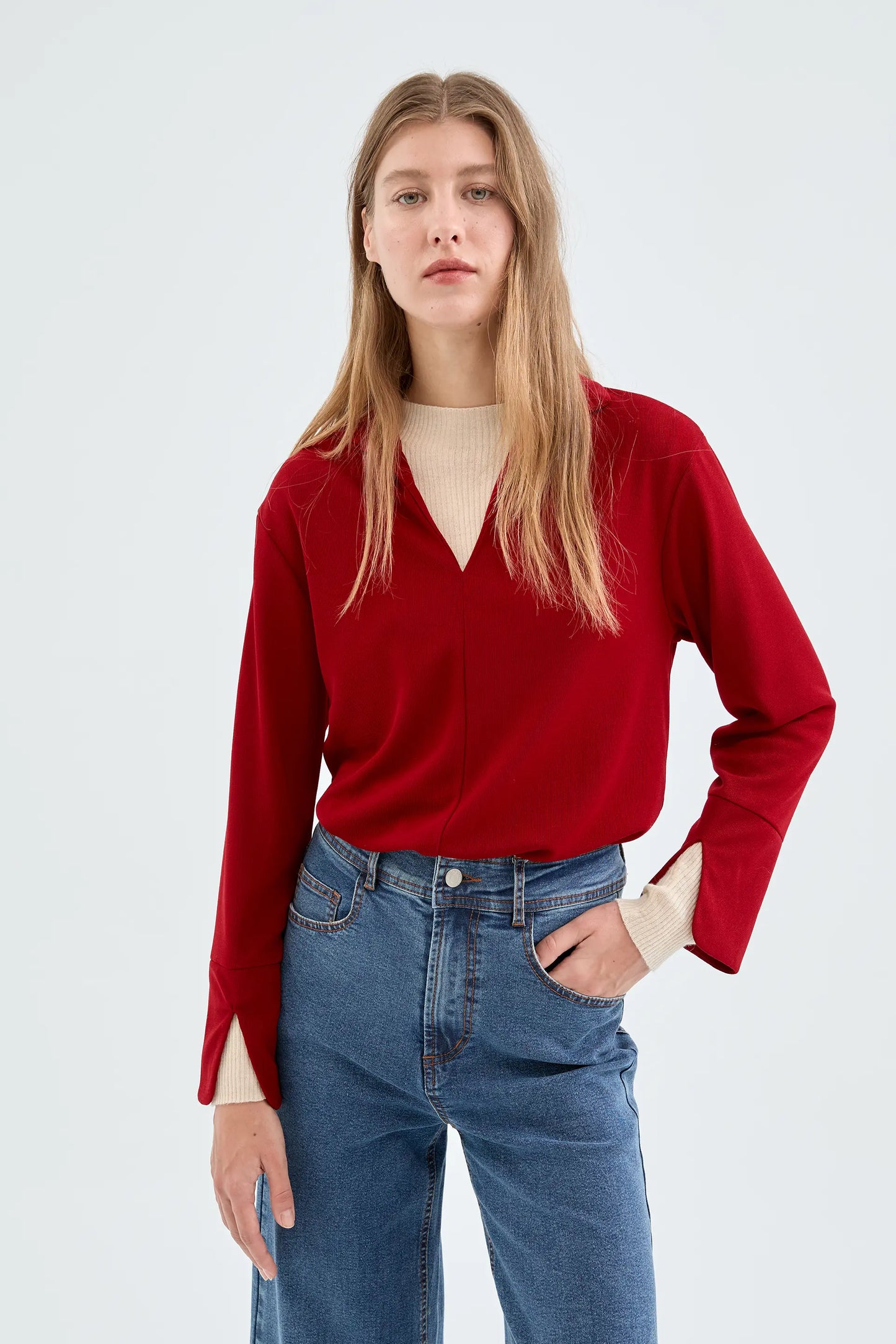 Red Lapel Neck Long Sleeve Top