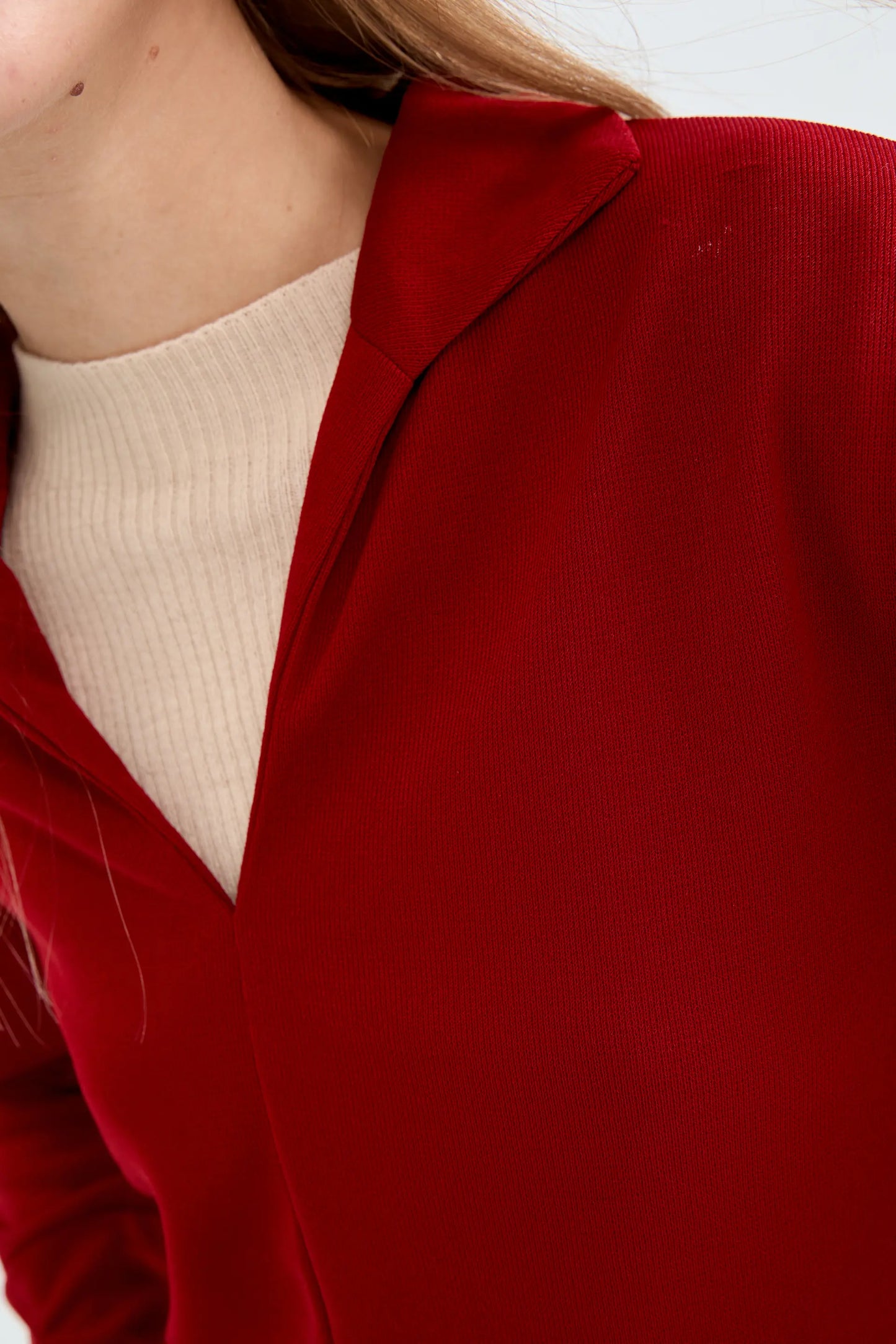 Red Lapel Neck Long Sleeve Top