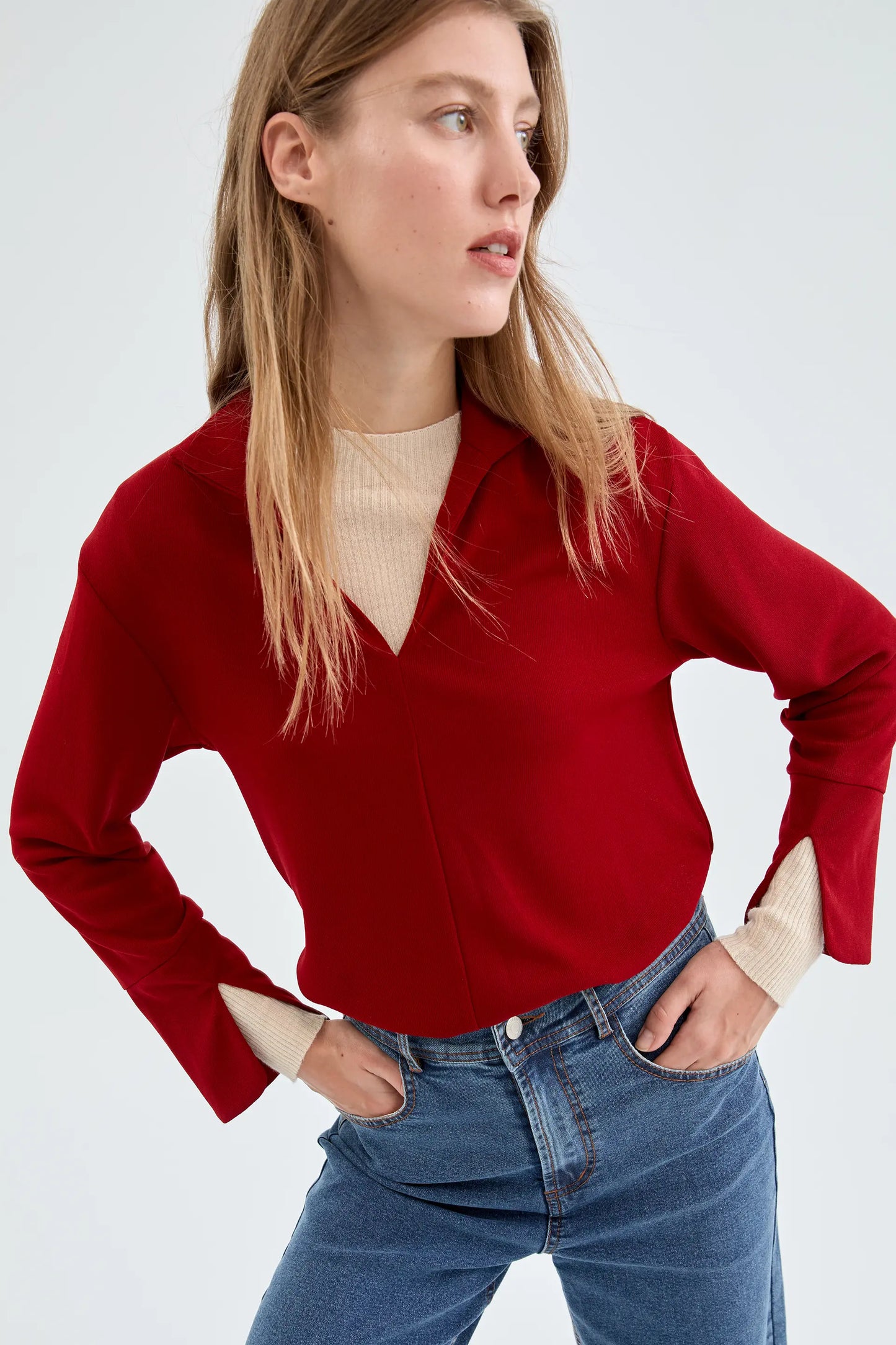 Red Lapel Neck Long Sleeve Top