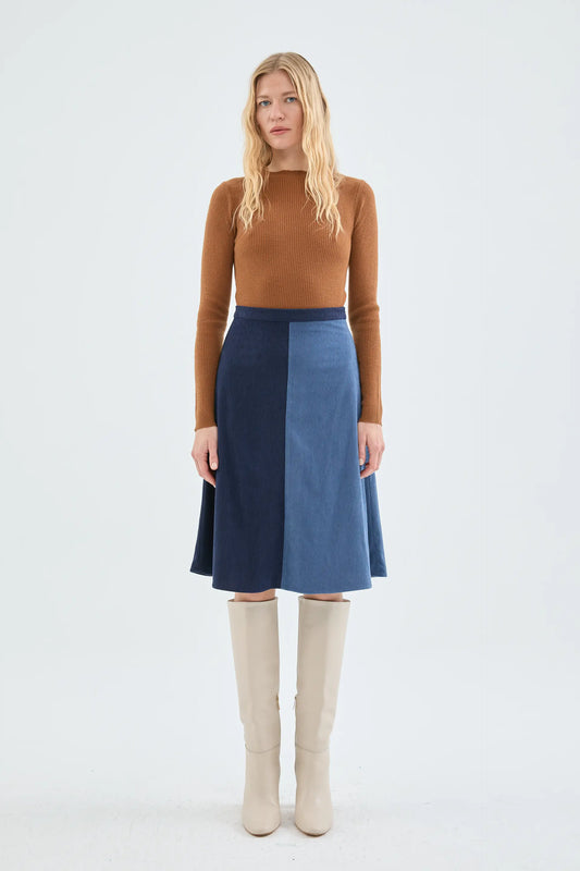 Blue two-tone high-rise corduroy midi skirt