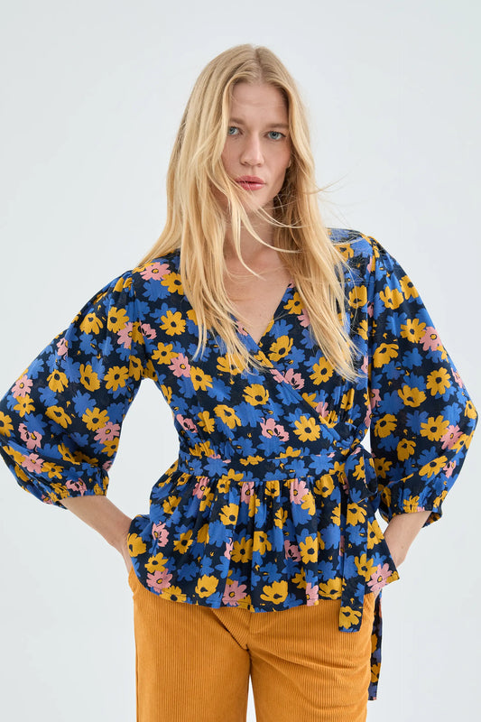Wrap top with French sleeves and floral print