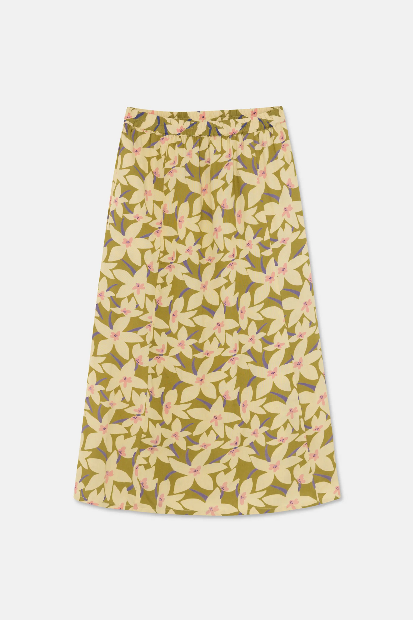 Green Floral Print Stretch Midi Skirt