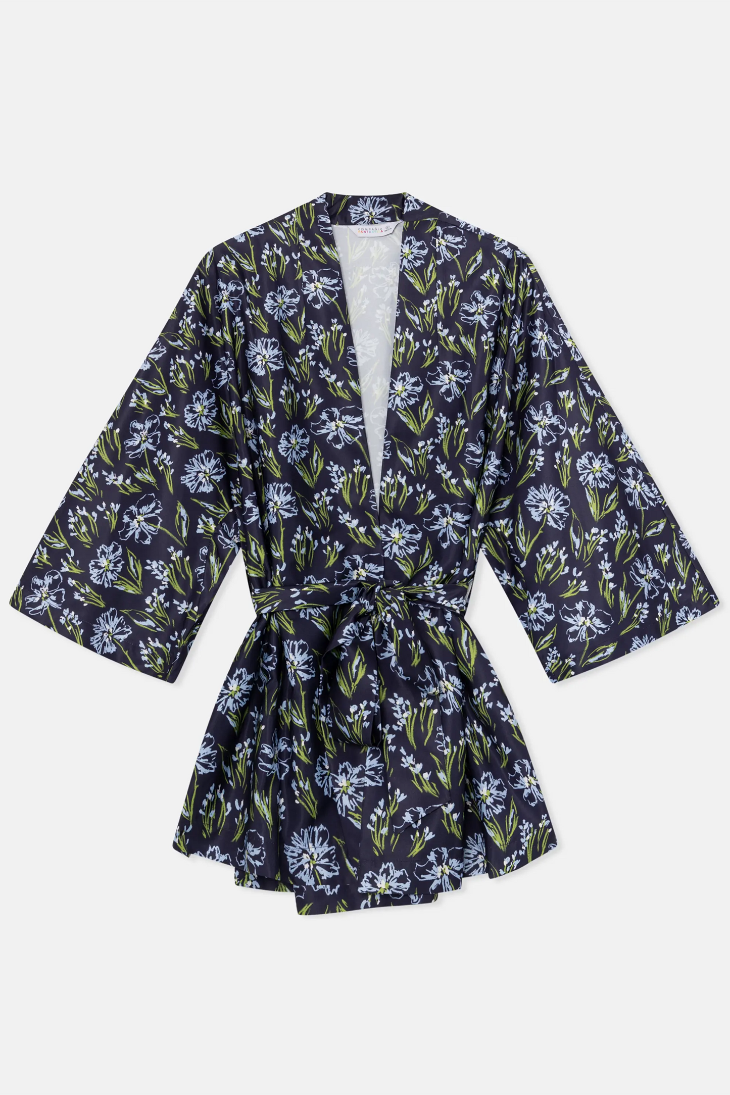 Kimono con cinturón y estampado floral azul