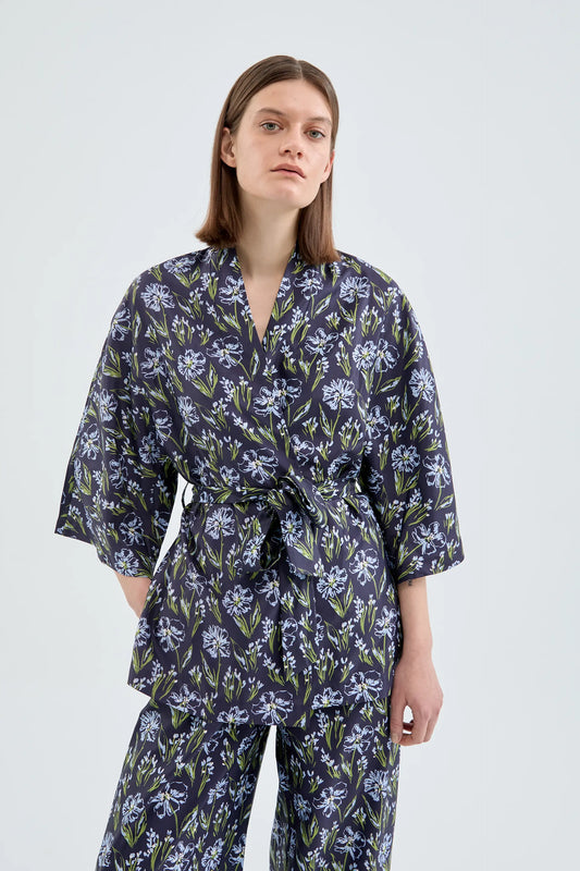Blue Floral Print Belted Kimono