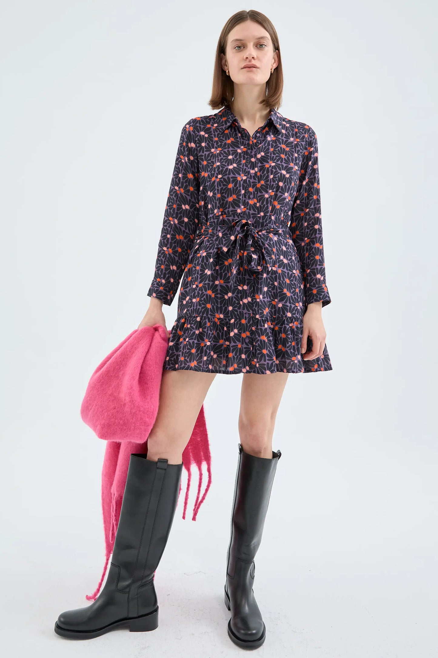 Short purple floral print shirt dress