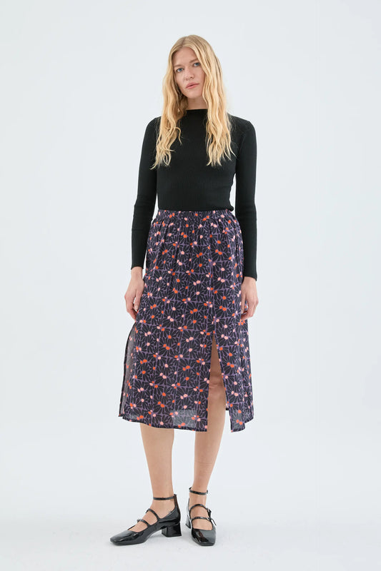 Midi skirt with slits and purple floral print