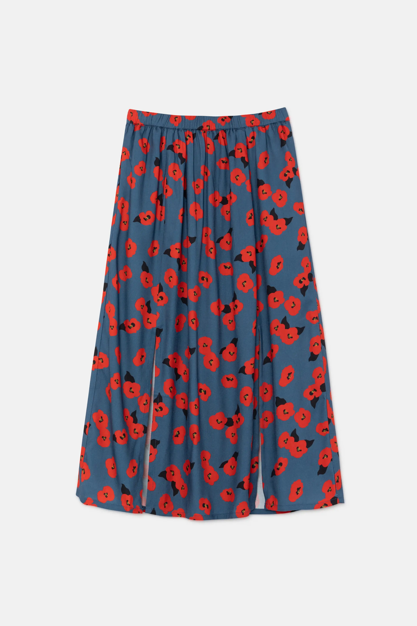 Falda midi con aberturas y estampado floral rojo