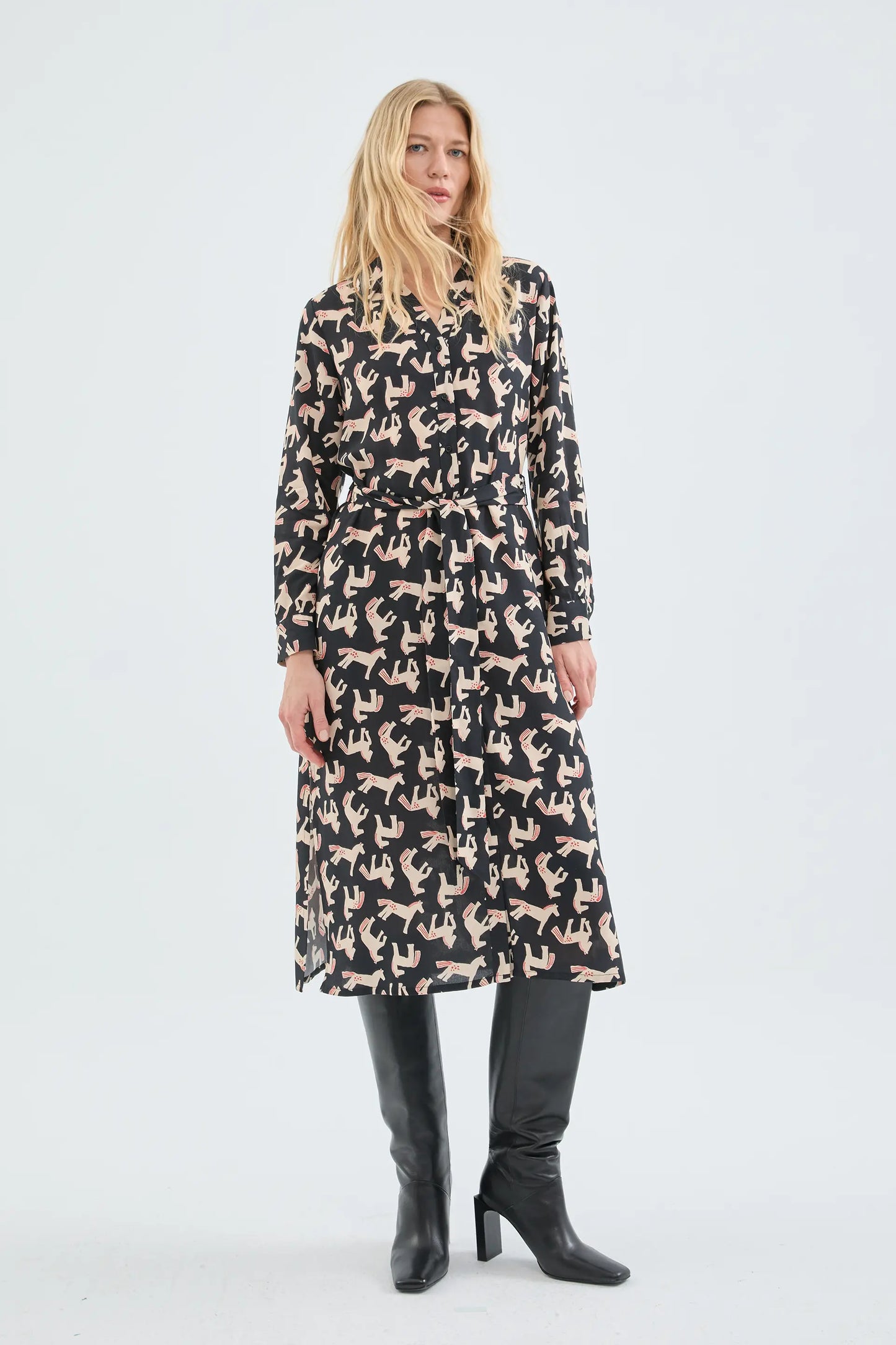 Midi shirt dress with animal print