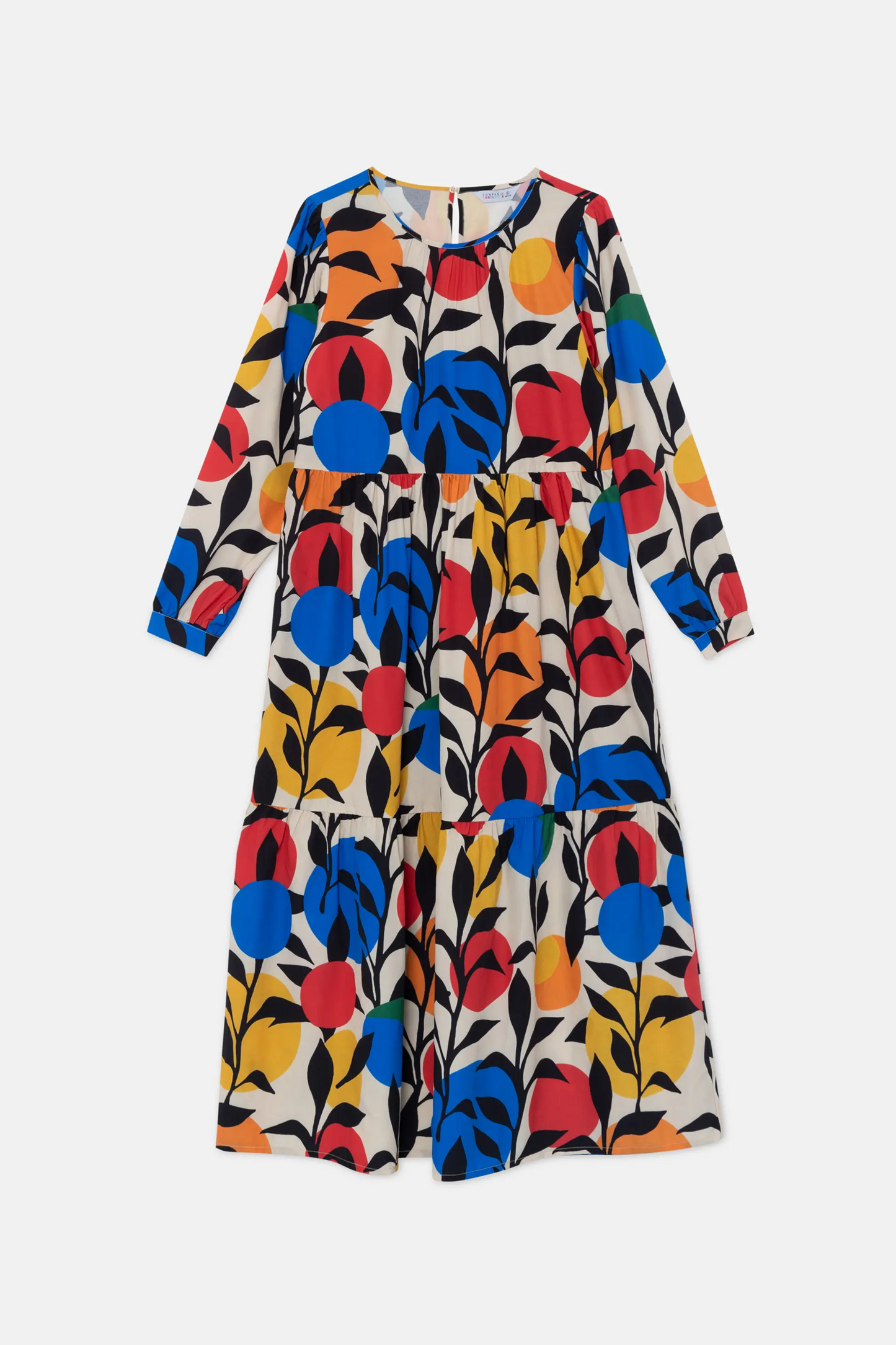 A-line midi dress with long sleeves and leaf print