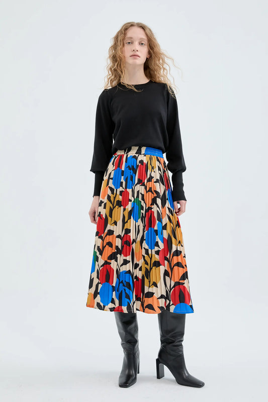 Leaf Print Pleated Midi Skirt