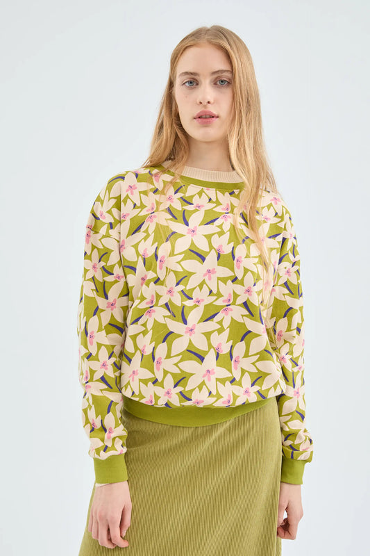 Green Floral Print Plush Sweatshirt