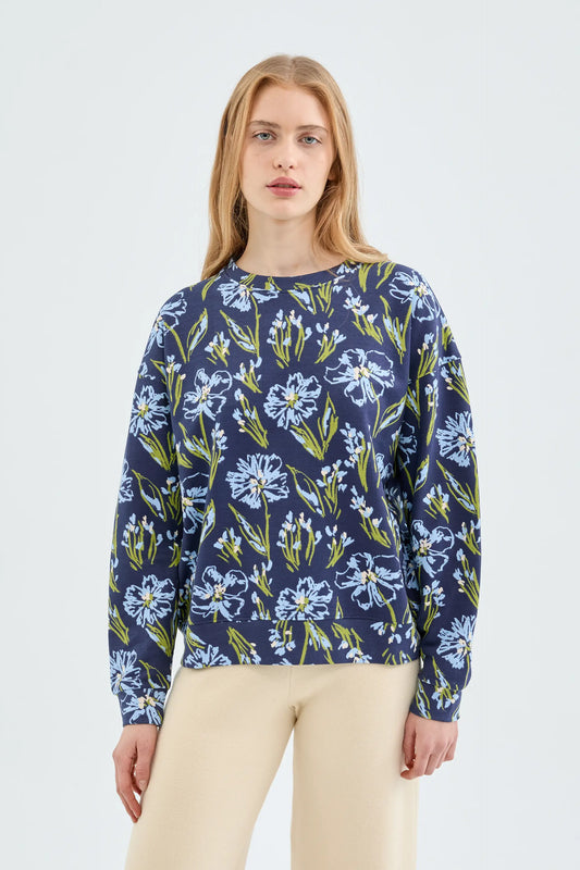 Blue Floral Print Plush Sweatshirt