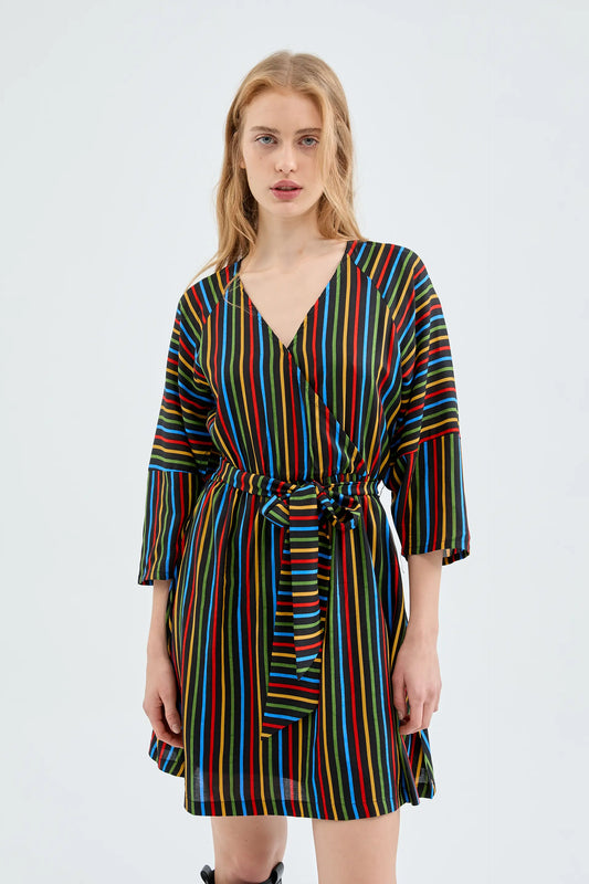 Short wrap dress with multicolored striped print