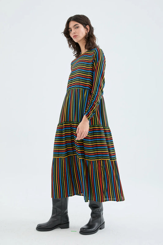 Midi dress with long sleeves and multicolored striped print