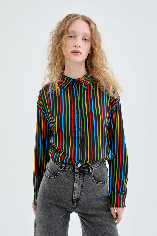 Camisa de manga larga con estampado de rayas multicolor