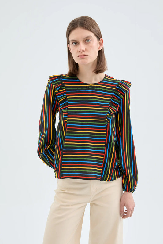 Multicolor Stripe Print Ruffle Long Sleeve Top