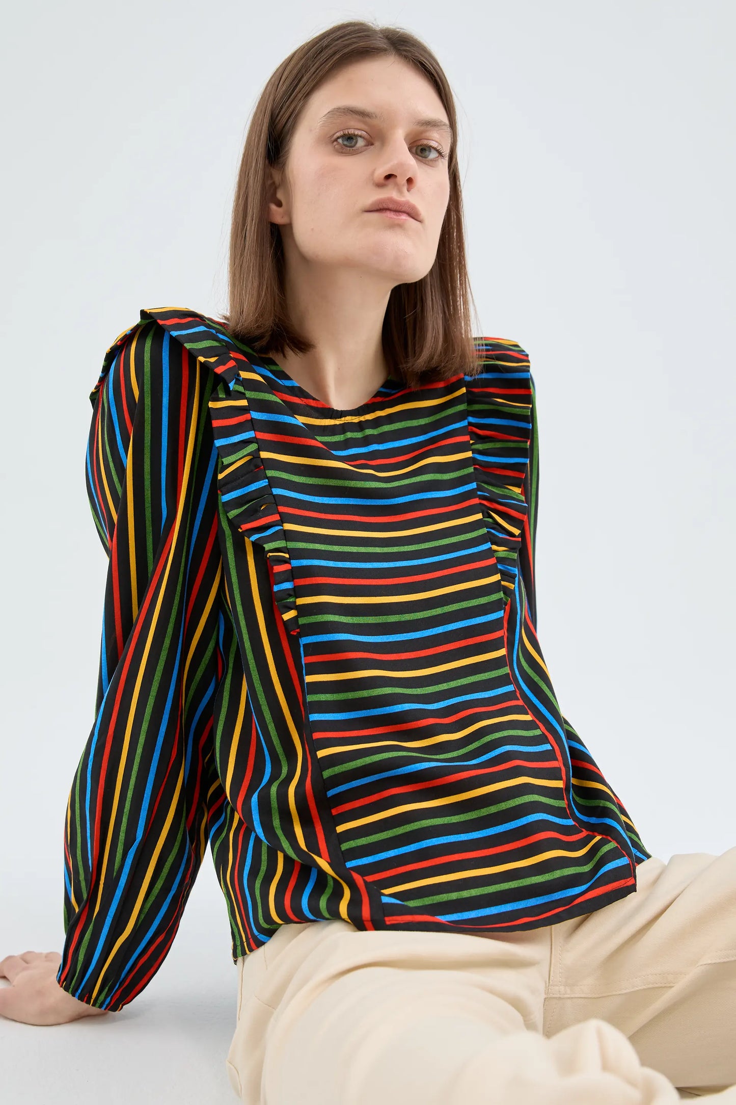 Multicolor Stripe Print Ruffle Long Sleeve Top