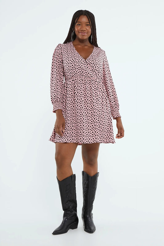 Short wrap dress with pink polka dot print