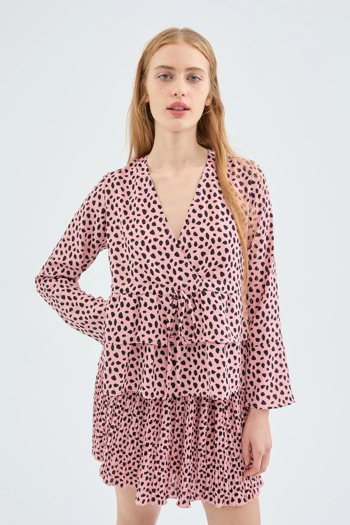 Pink Polka Dot Print Wrap Blouse