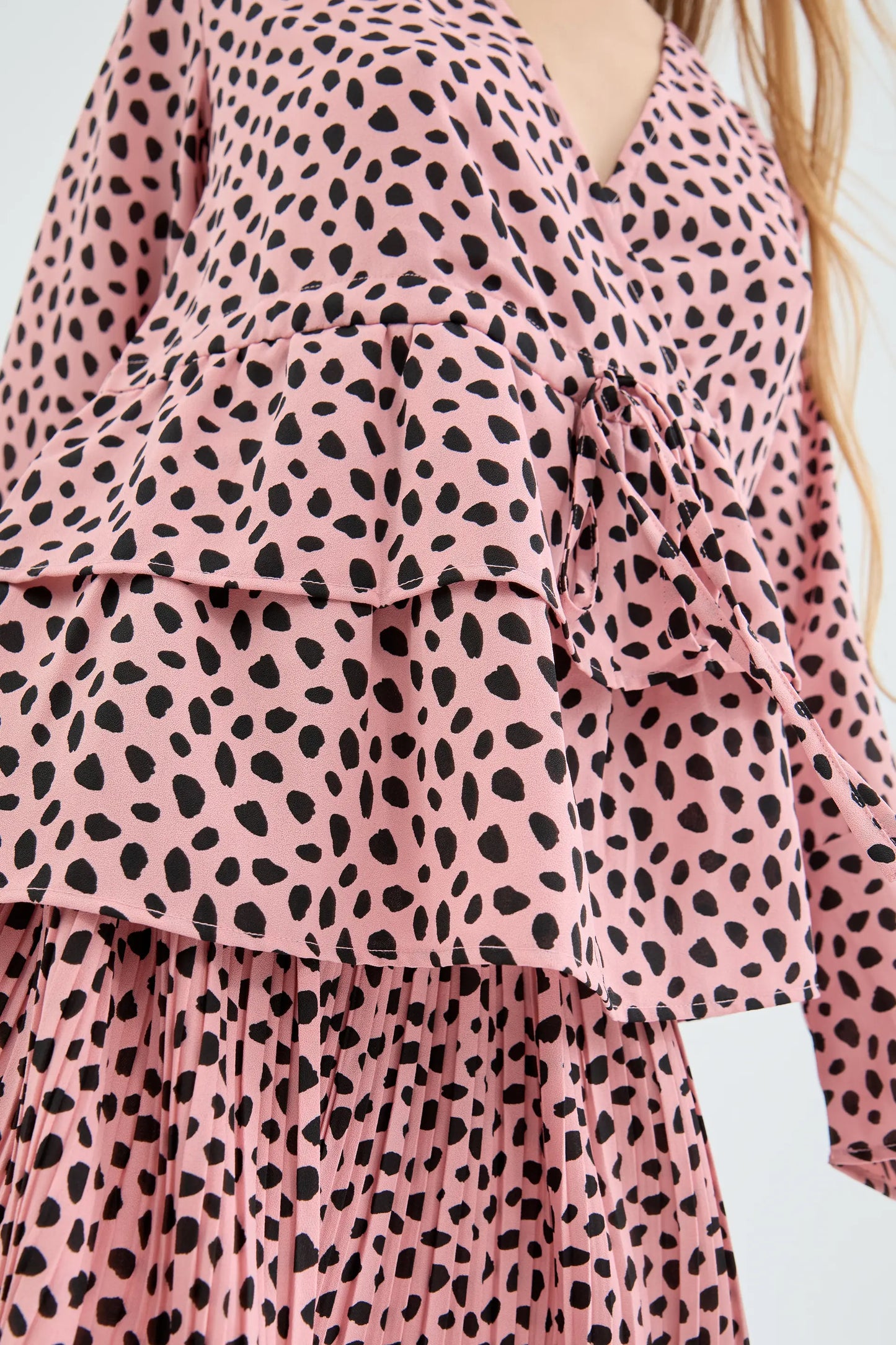 Pink Polka Dot Print Wrap Blouse