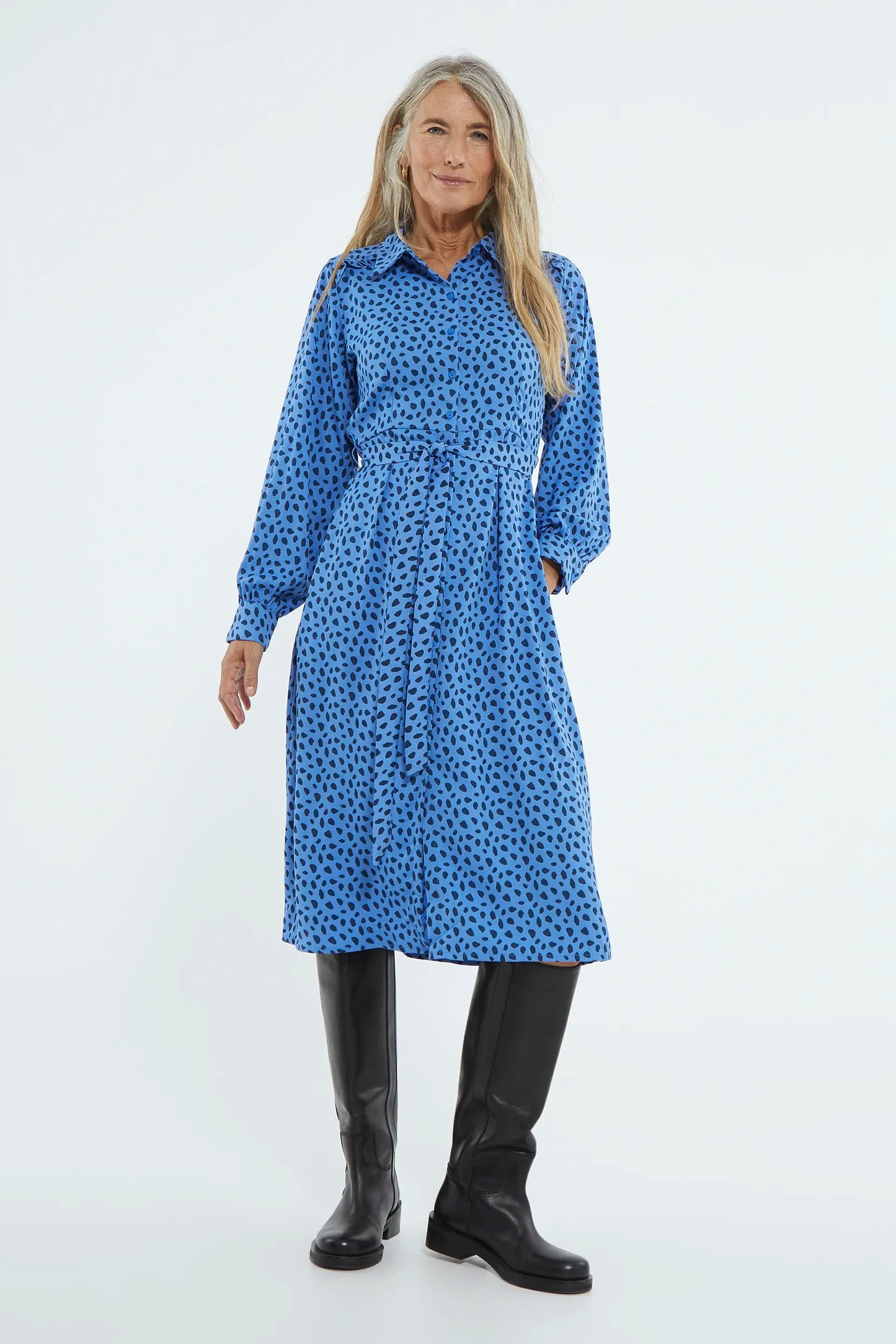 Blue polka dot print midi shirt dress