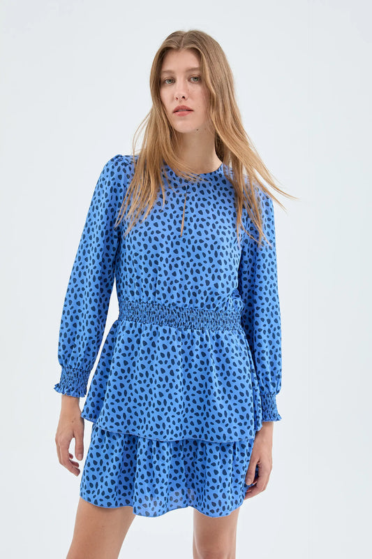 Blue polka dot print ruffle short dress