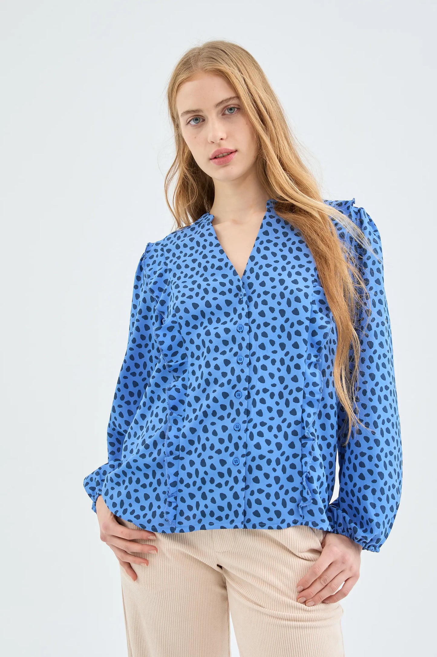 Blue Polka Dot Print Ruffle Long Sleeve Blouse