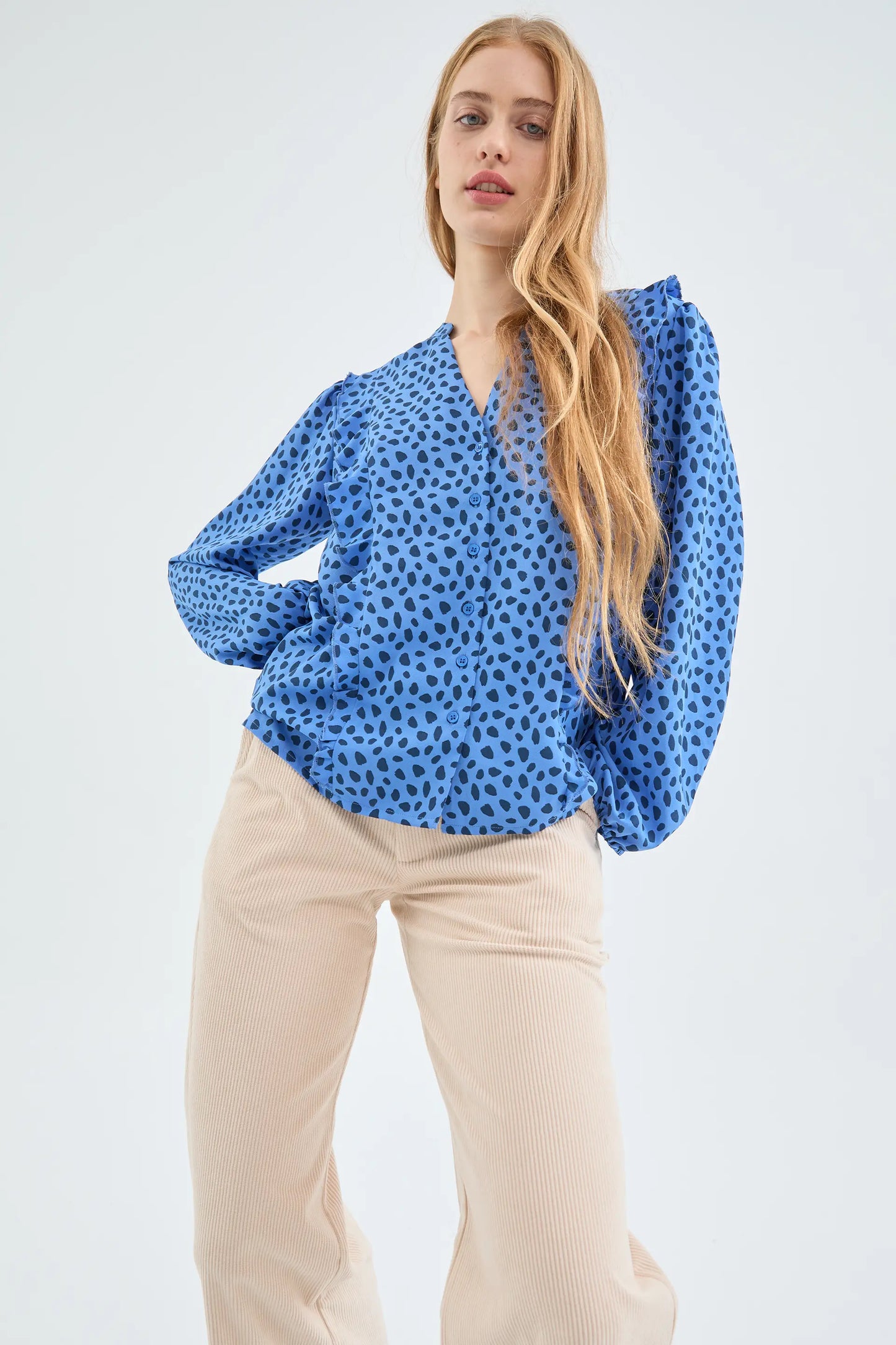 Blue Polka Dot Print Ruffle Long Sleeve Blouse