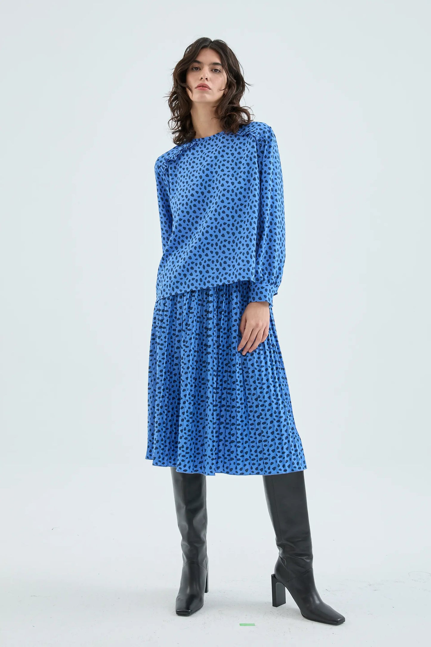 Blue Polka Dot Print Ruffle Long Sleeve Top