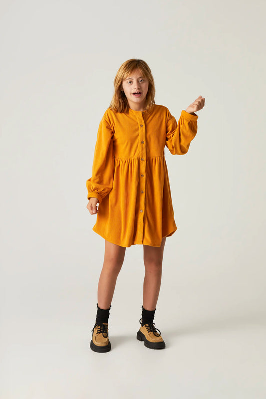 Vestido camisero de niña corto de pana amarillo