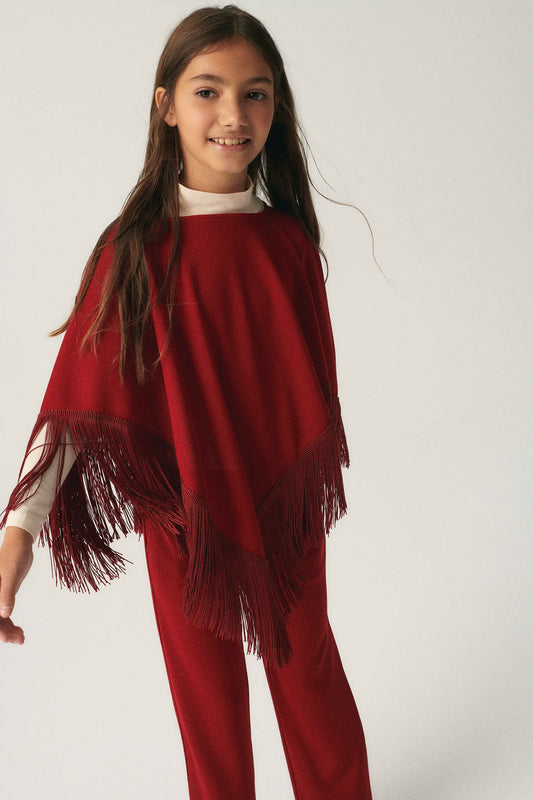 Girl's poncho with maroon fringes