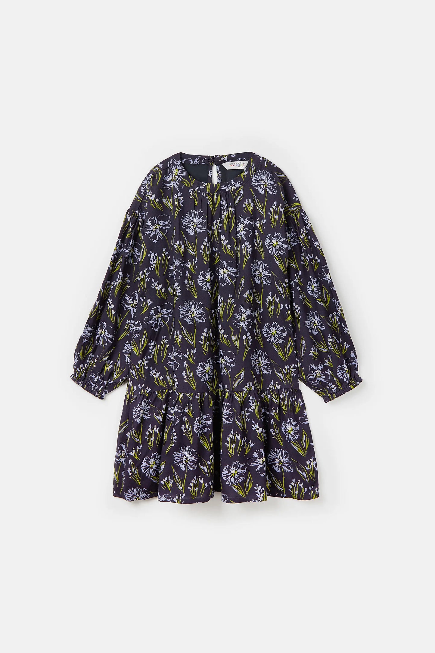 Vestido corto de niña en viscosa LENZING™ ECOVERO™ con estampado floral azul