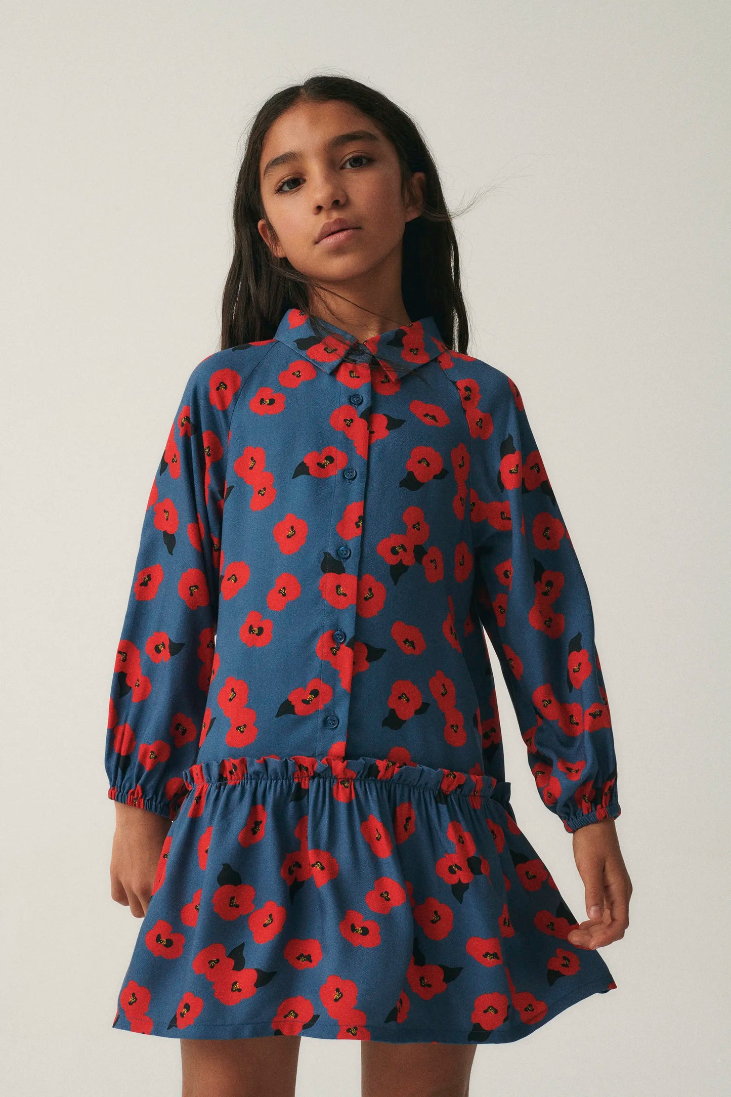 Girl's shirt dress with red floral print