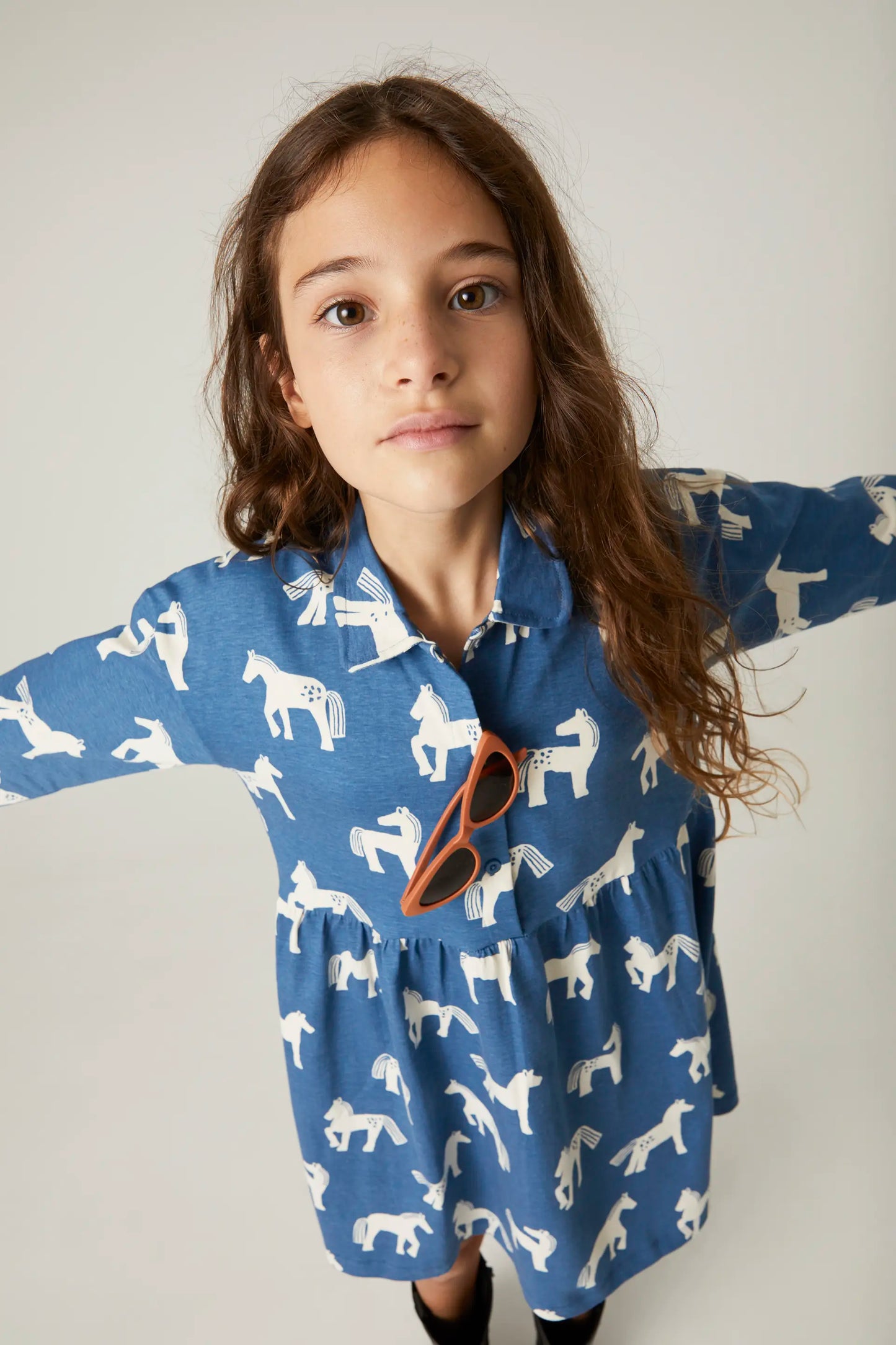 Girl's cotton shirt dress with horse print