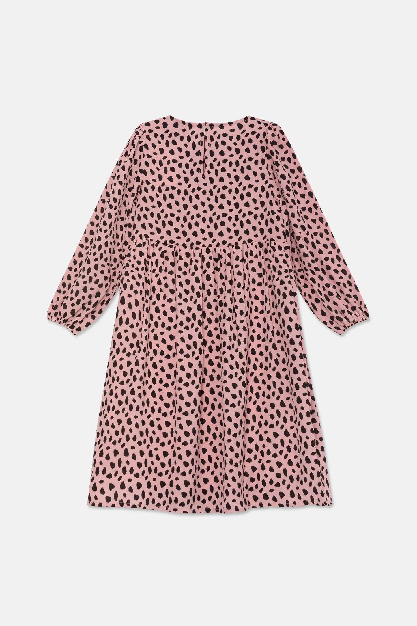 Girl's midi dress with ruffles and pink polka dot print