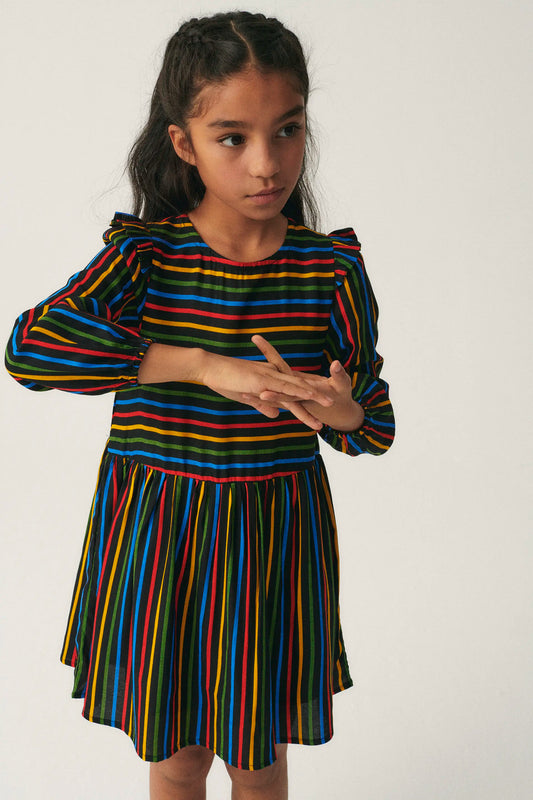 Vestido corto de niña con estampado de rayas multicolor