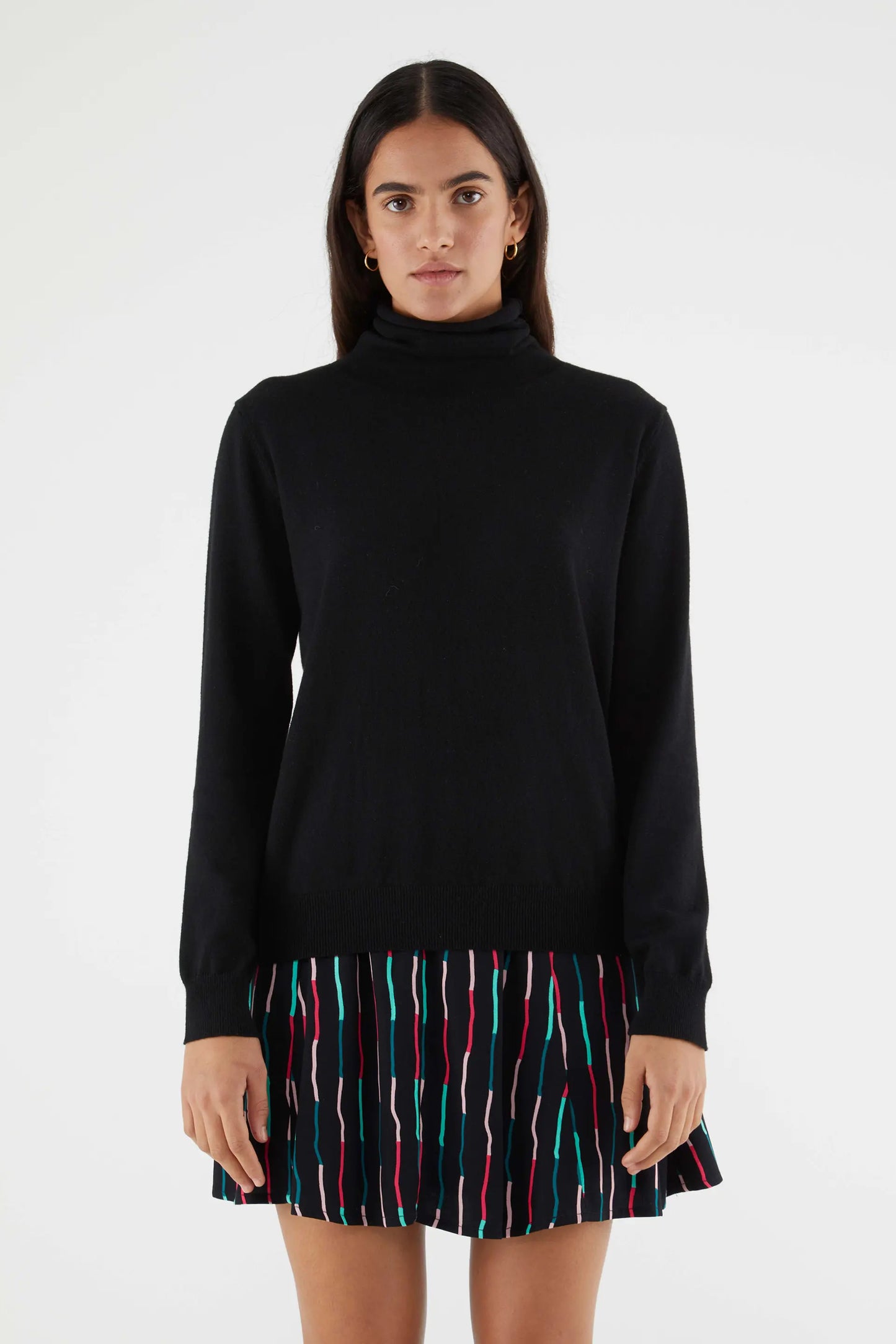 Fine knit sweater with black turtleneck