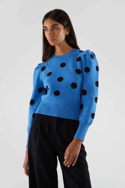 Short sweater with blue polka dot print