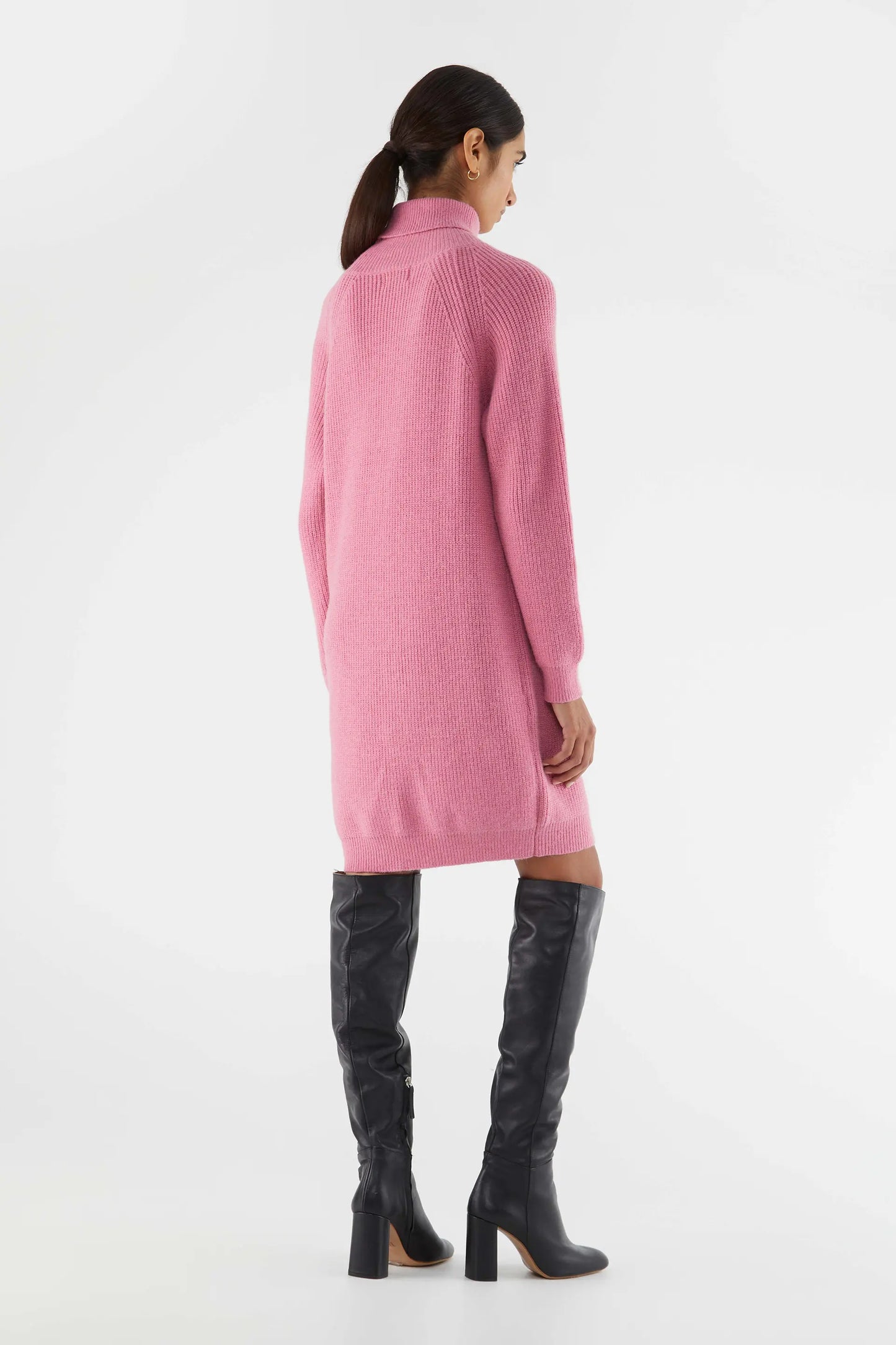 Pink Roll Neck Knitted Midi Dress