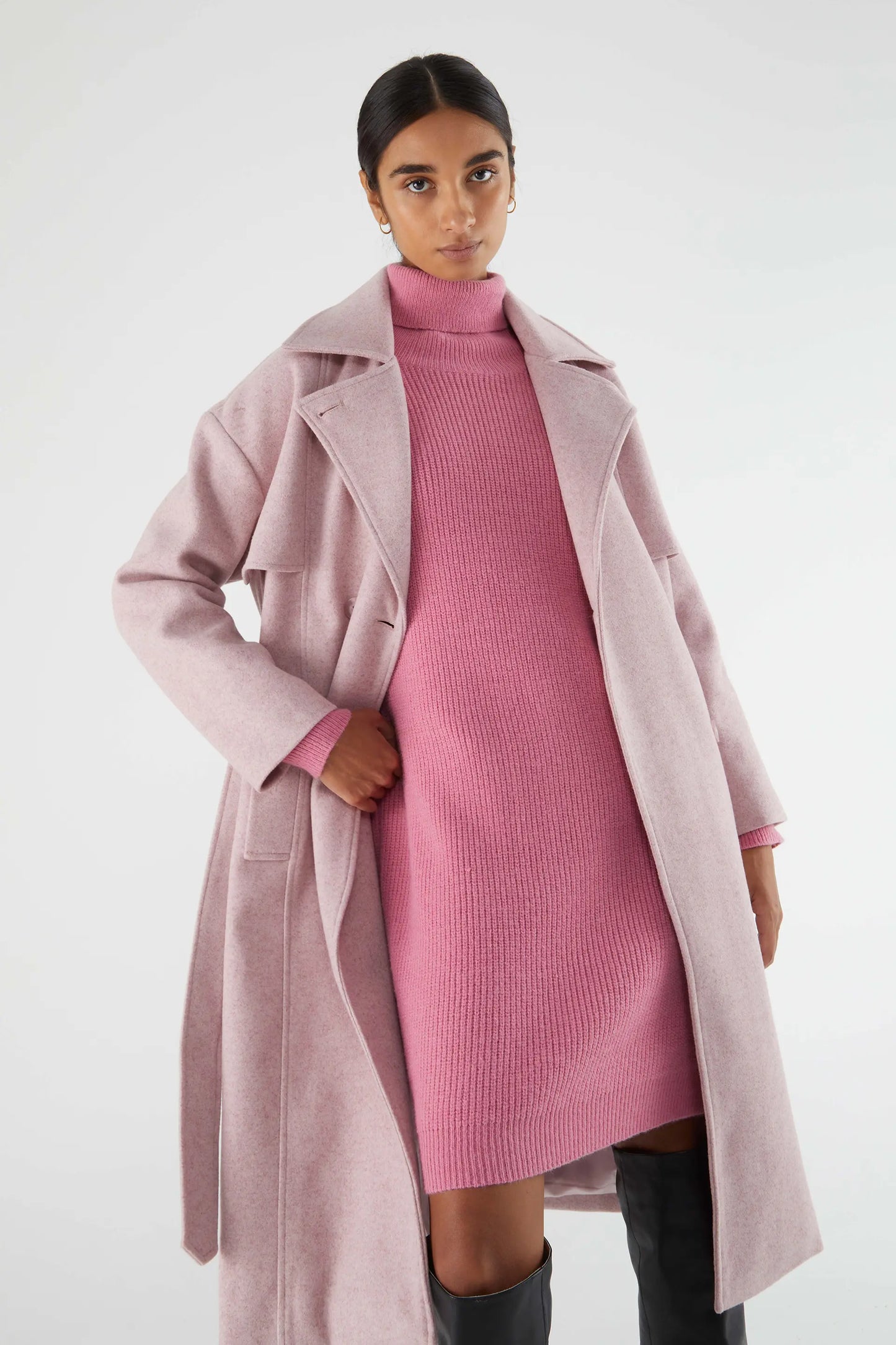 Pink Roll Neck Knitted Midi Dress