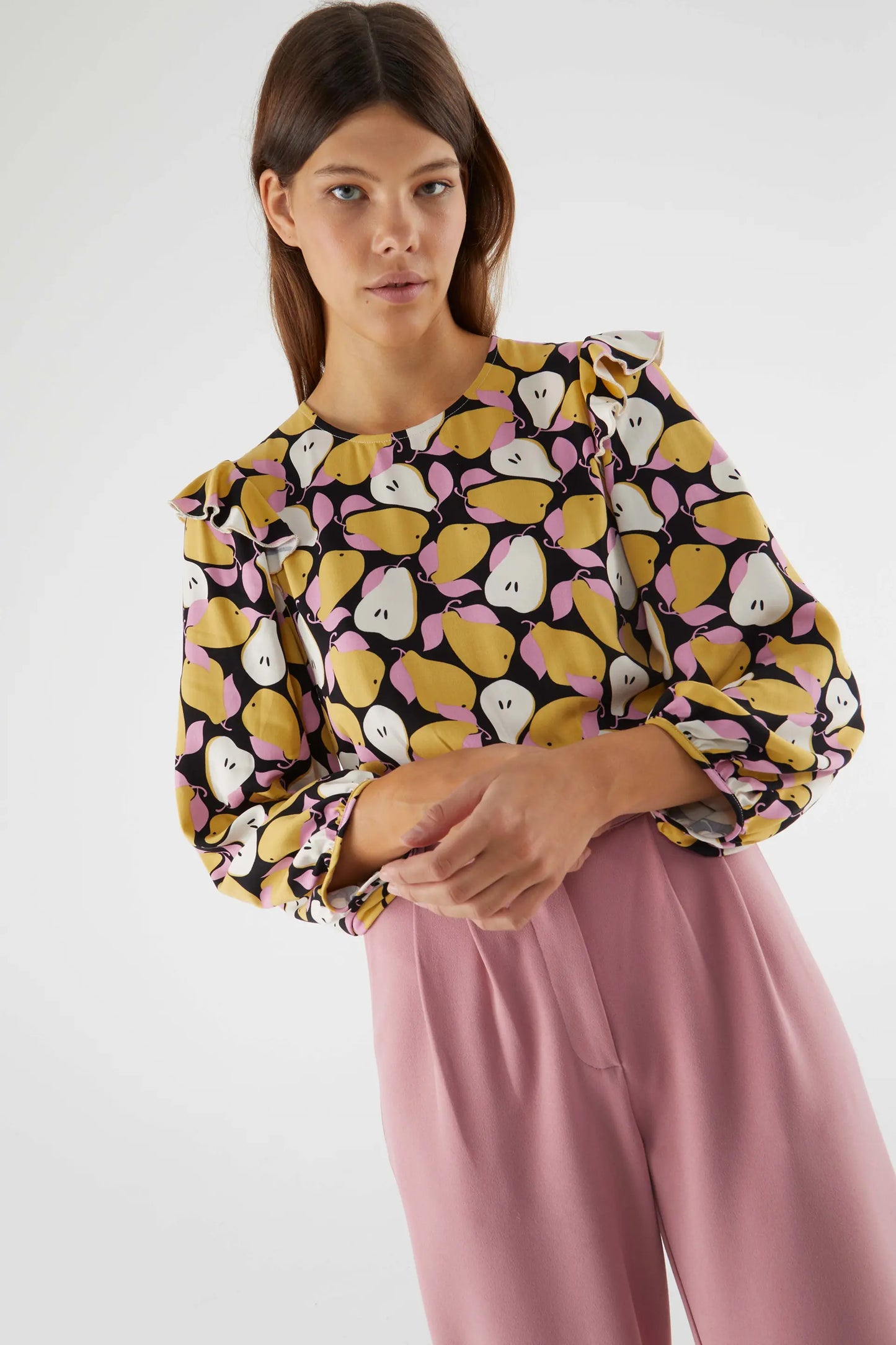 Pear Print Ruffle Long Sleeve Top