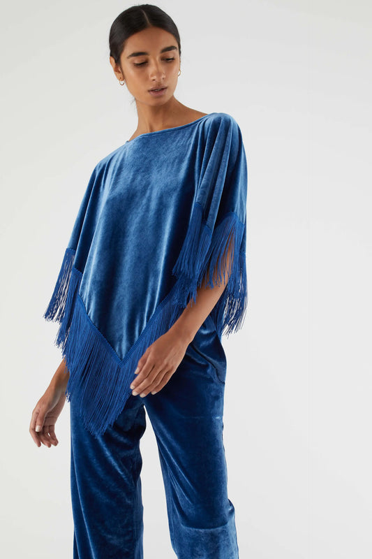 Velvet poncho with blue fringes