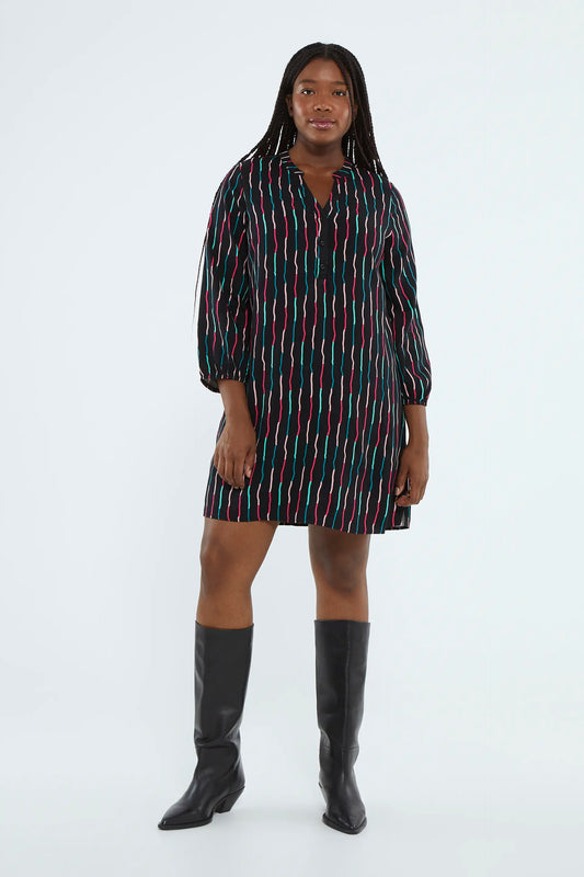 Short black striped print shirt dress