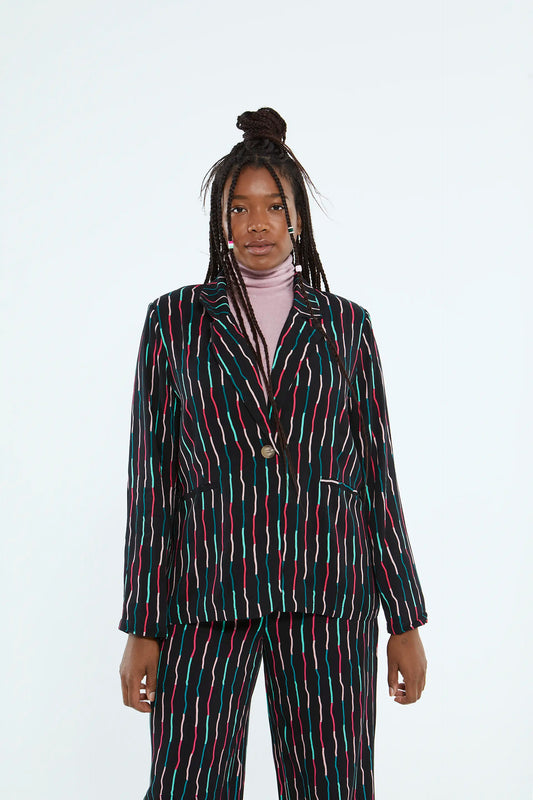 Black Stripe Print Suit Blazer
