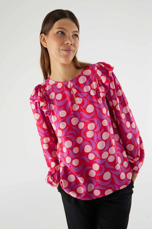 Long-sleeved blouse with pink fantasy print