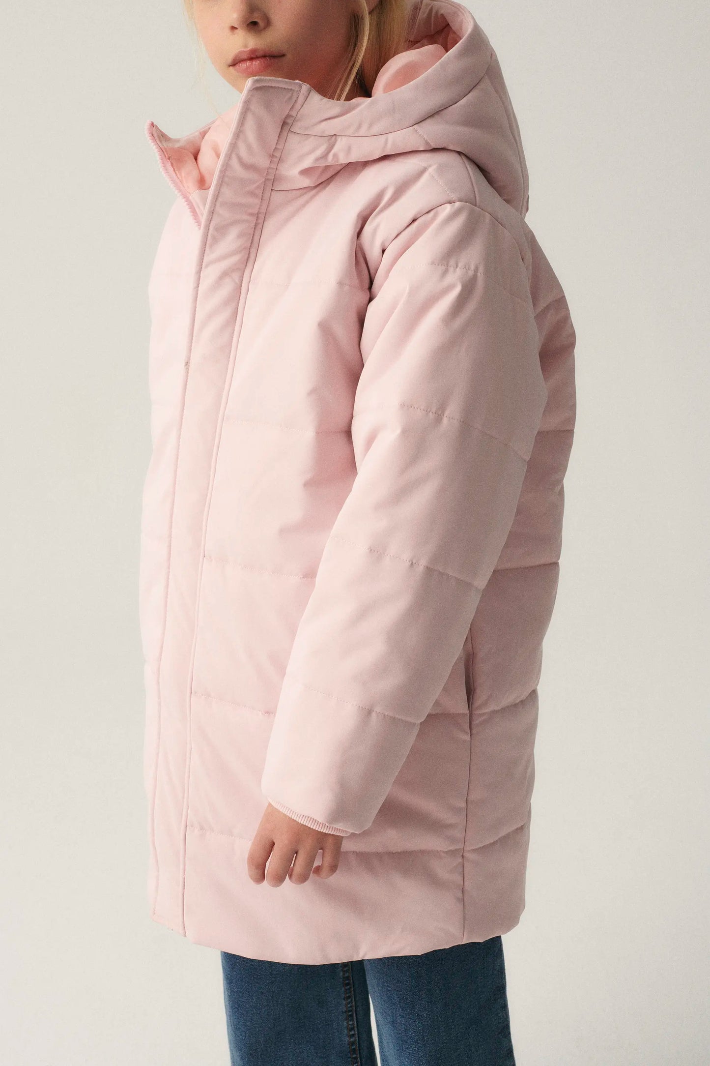 Unisex midi puffer coat with pink hood