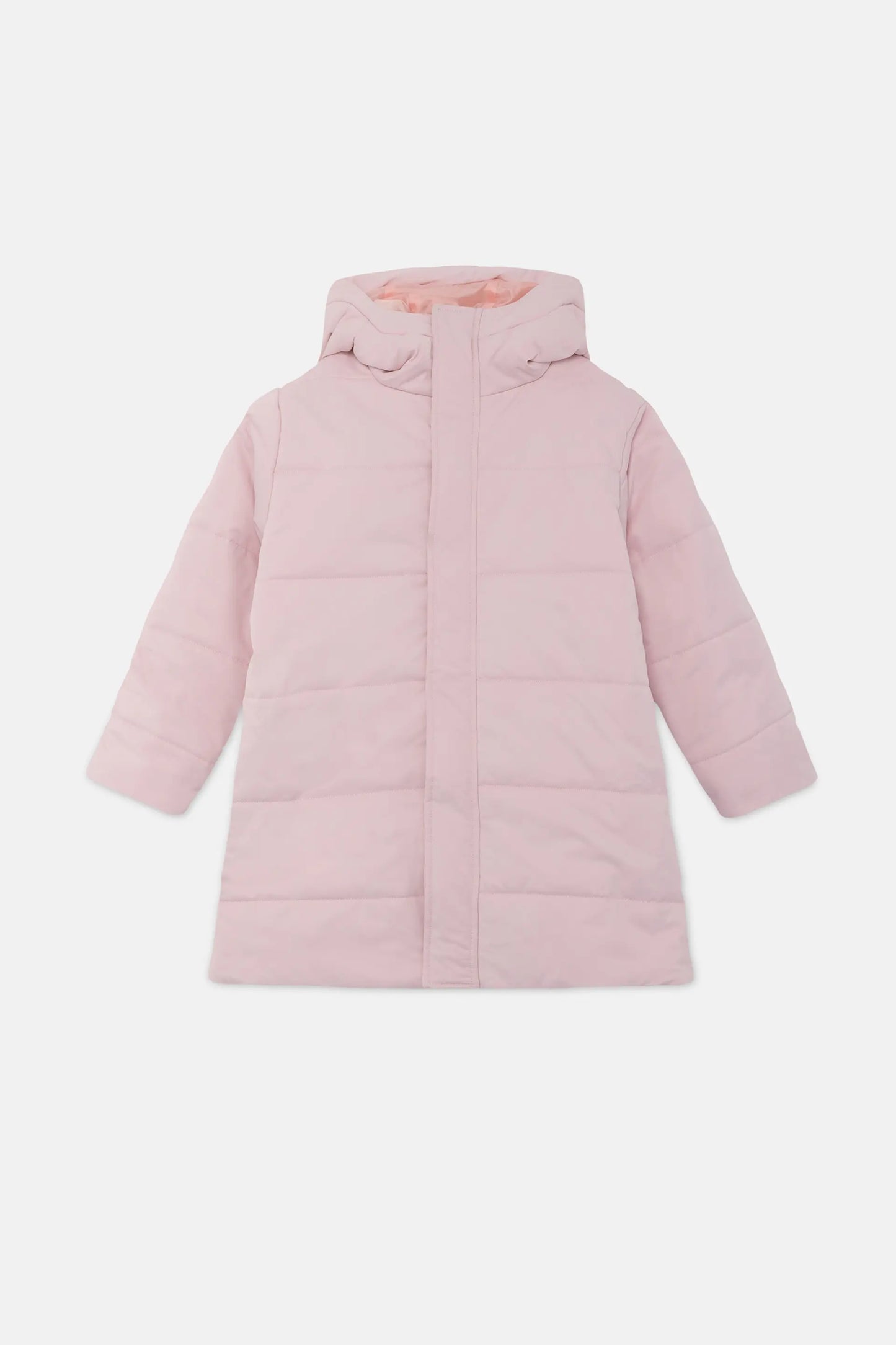 Unisex midi puffer coat with pink hood