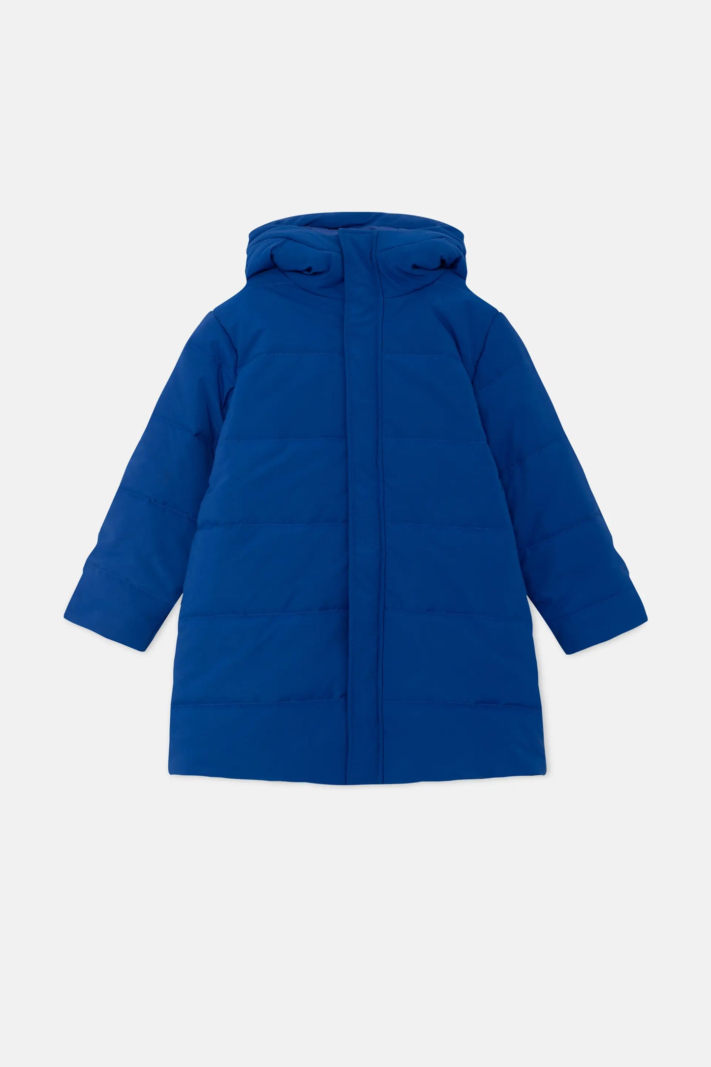 Unisex midi puffer coat with blue hood